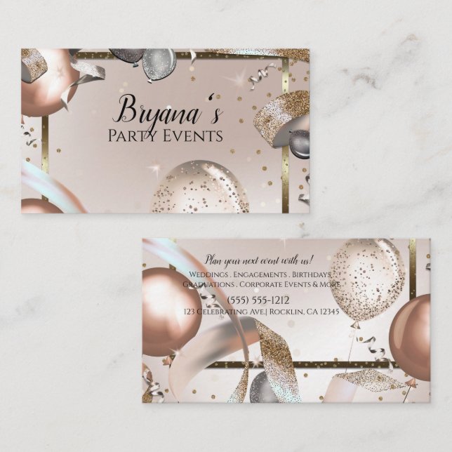 Rose Gold & Glitter Balloons Party Event Planner Business Card (Front/Back)