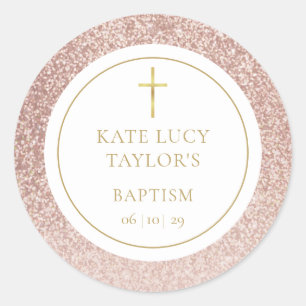Rose Gold Glitter Baptism Christening Classic Round Sticker