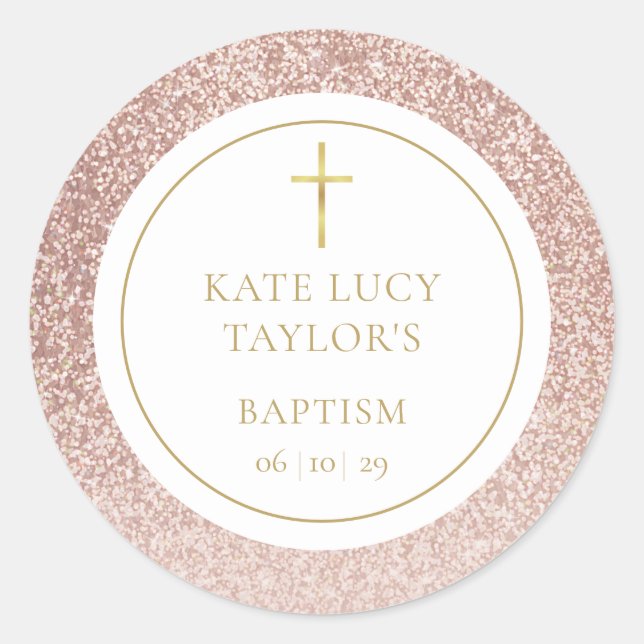 Rose Gold Glitter Baptism Christening Classic Round Sticker (Front)