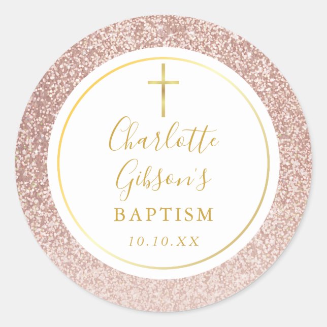 Rose Gold Glitter Baptism Christening Classic Round Sticker (Front)