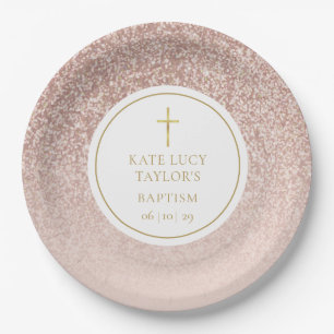 Rose Gold Glitter Baptism Christening Paper Plate