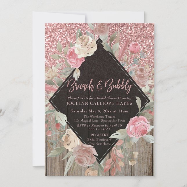 Rose Gold Glitter Barn Wood Floral Brunch & Bubbly Invitation (Front)