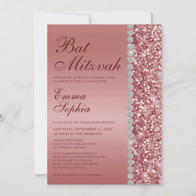 Rose Gold Glitter Bat Mitzvah Invitation (Front)