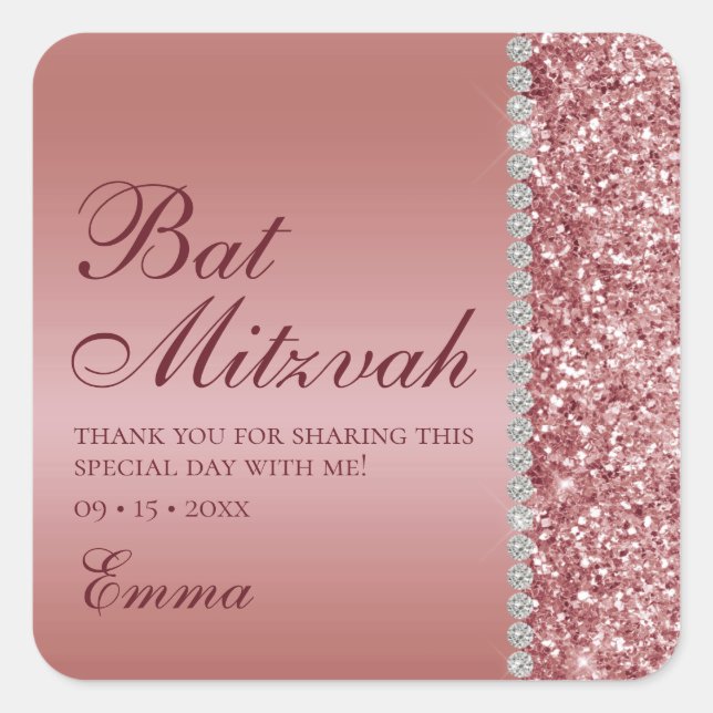 Rose Gold Glitter Bat Mitzvah Square Sticker (Front)