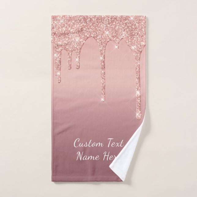 Rose Gold Glitter Bath Towels with Custom Text (Hand Towel)