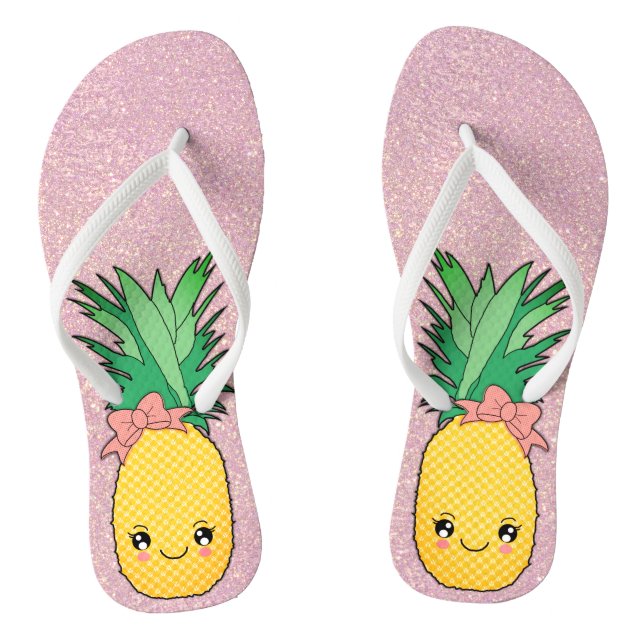 Rose Gold Glitter Beach Kawaii Pineapple Fruit Flip Flops (Footbed)