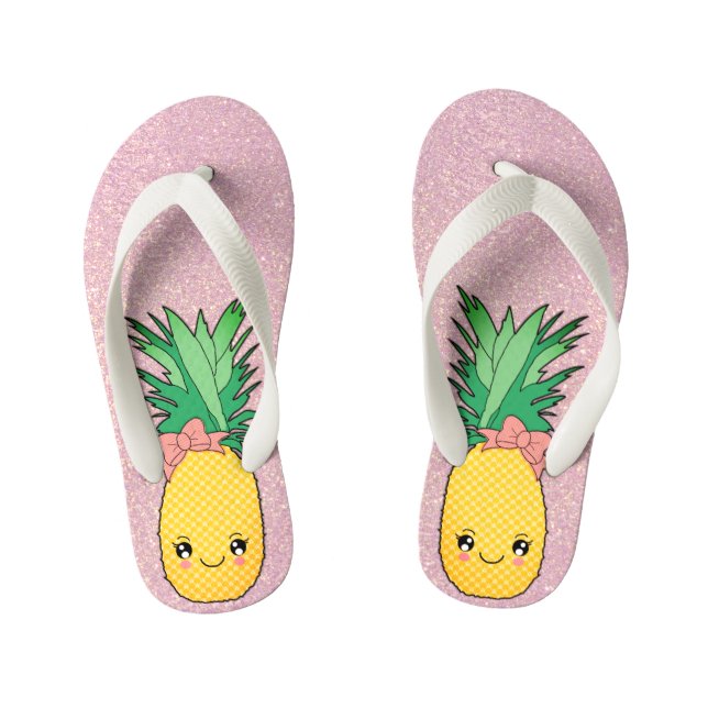 Rose Gold Glitter Beach Kawaii Pineapple Fruit Kid's Flip Flops (Footbed)