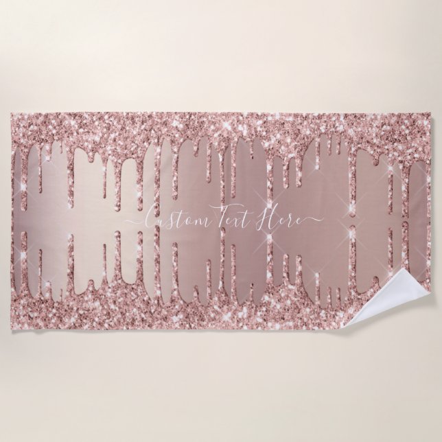 Rose Gold Glitter Beach Towel with Custom Text (Front)