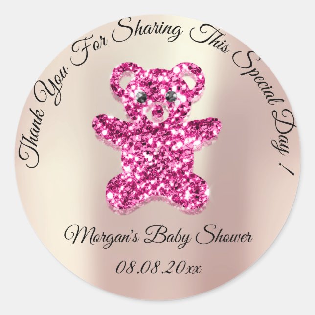Rose Gold Glitter Bear Baby Shower Favour Pink Classic Round Sticker (Front)
