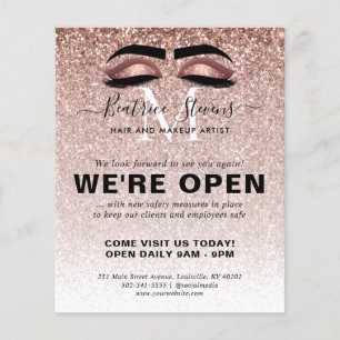 Rose Gold Glitter Beauty Salon Lashes We're Open Flyer