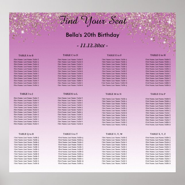 Rose Gold Glitter Birthday Alphabetic Seating Plan Poster (Front)