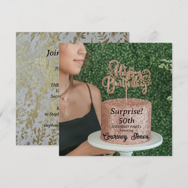 Rose Gold Glitter Birthday Cake 50th Birthday Save The Date (Front/Back)