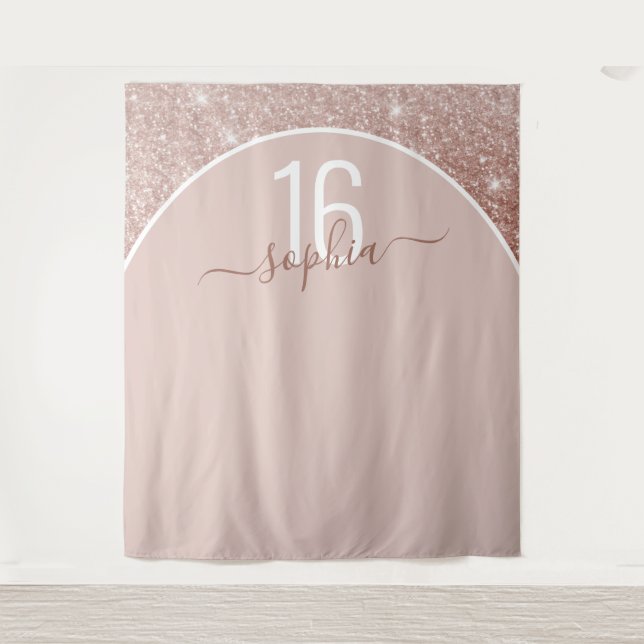 Rose Gold Glitter Birthday Custom Arch Backdrop Tapestry (Front)