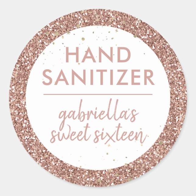 Rose Gold Glitter Birthday Hand Sanitizer Favour Classic Round Sticker (Front)