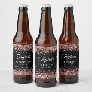 Rose Gold Glitter Black 21st Birthday Beer Bottle Label