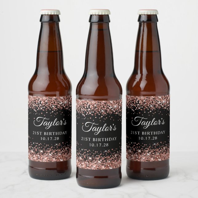 Rose Gold Glitter Black 21st Birthday Beer Bottle Label (Bottles)