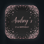 Rose Gold Glitter Black 21st  Birthday Monogram Paper Plate<br><div class="desc">Modern Elegant Sparkle Rose Gold Glitter Black 21st (or any age) Birthday Monogram Custom Personalised Paper Plates. This feminine Girly Adult Birhday party paper plates an elegant hand lettered calligraphy script and rose gold diamond glitter frame on black background. Ideal for a feminine adult milestone birthday celebration, perfectly captures the...</div>