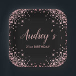 Rose Gold Glitter Black 21st  Birthday Monogram Paper Plate<br><div class="desc">Modern Elegant Sparkle Rose Gold Glitter Black 21st (or any age) Birthday Monogram Custom Personalised Paper Plates. This feminine Girly Adult Birhday party paper plates an elegant hand lettered calligraphy script and rose gold diamond glitter frame on black background. Ideal for a feminine adult milestone birthday celebration, perfectly captures the...</div>