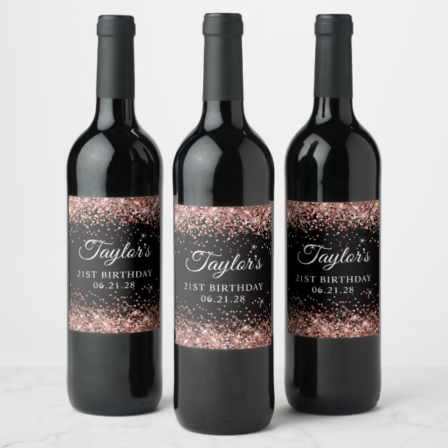 Rose Gold Glitter Black 21st Birthday Wine Label (Bottles)
