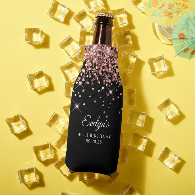 Rose Gold Glitter Black 40th Birthday Bottle Cooler (In Situ Summer)