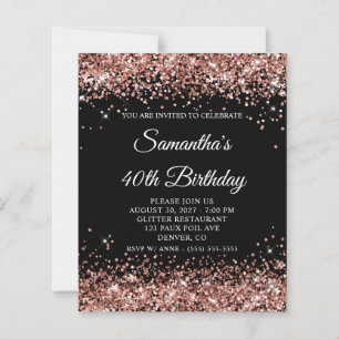 Rose Gold Glitter Black 40th Birthday Invite