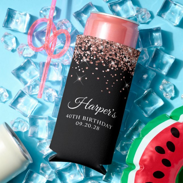 Rose Gold Glitter Black 40th Birthday Seltzer Can Cooler (In Situ Summer)