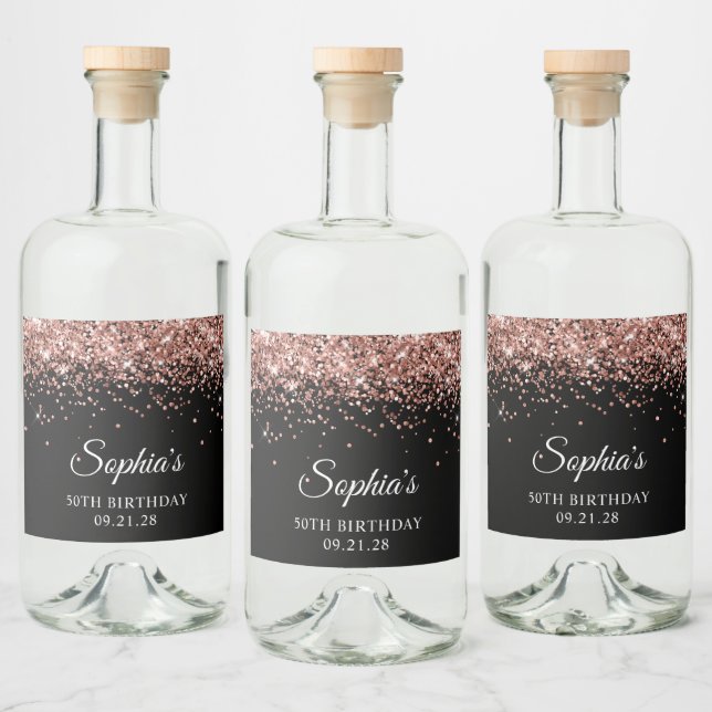 Rose Gold Glitter Black 50th Birthday Liquor Bottle Label (Bottles)