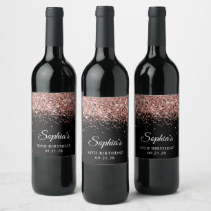 Rose Gold Glitter Black 50th Birthday Wine Label