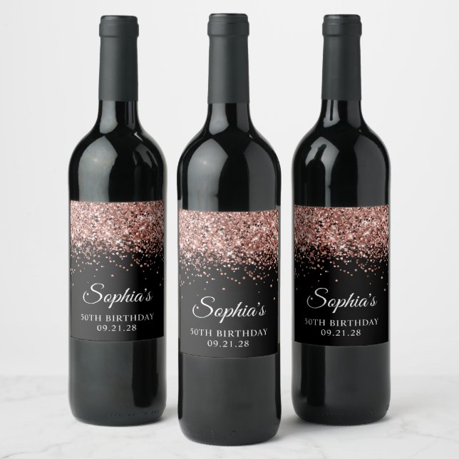 Rose Gold Glitter Black 50th Birthday Wine Label (Bottles)