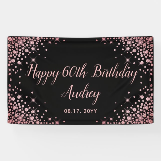 Rose Gold Glitter Black 60th Birthday Monogram Banner (Horizontal)
