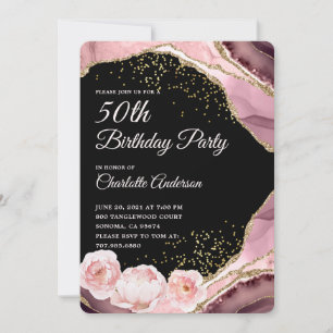 Rose Gold Glitter Black And Floral 50th Birthday Invitation