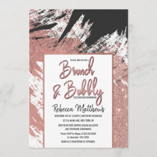 Rose Gold Glitter Black Brushstroke Brunch Bubbly Invitation