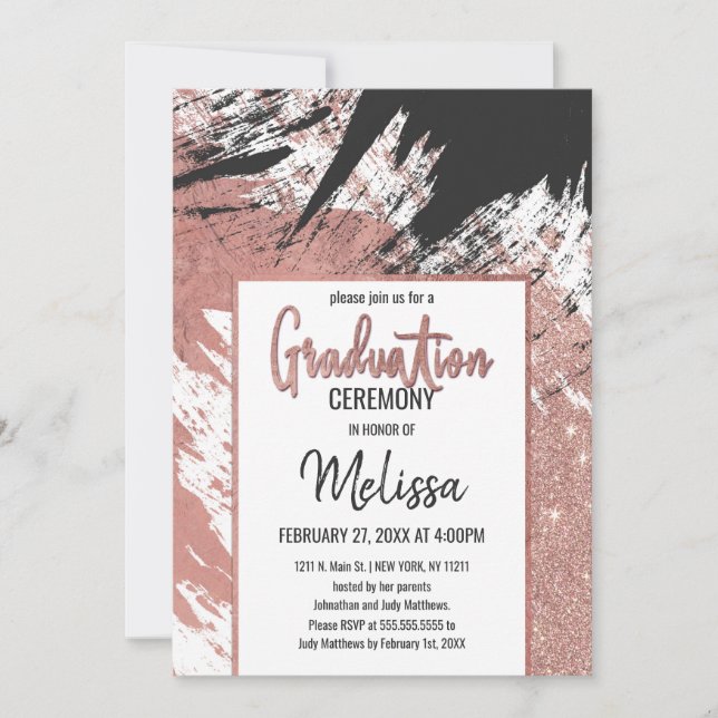 Rose Gold Glitter Black Brushstroke Graduation Invitation (Front)