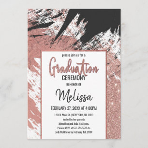 Rose Gold Glitter Black Brushstroke Graduation Invitation