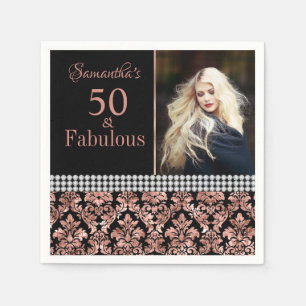 Rose Gold Glitter Black Damask 50th Birthday photo Napkin
