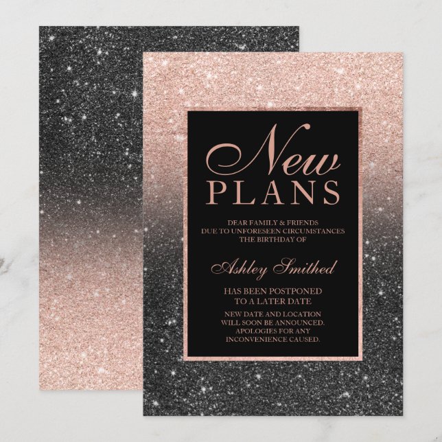 Rose gold glitter black elegant chic new plans invitation (Front/Back)