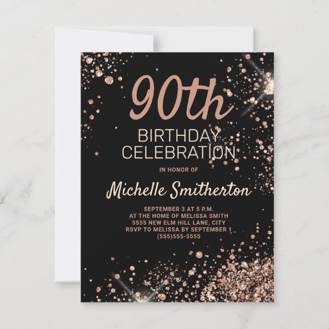 Rose Gold Glitter Black Glitz Glam 90th Birthday Card (Front)