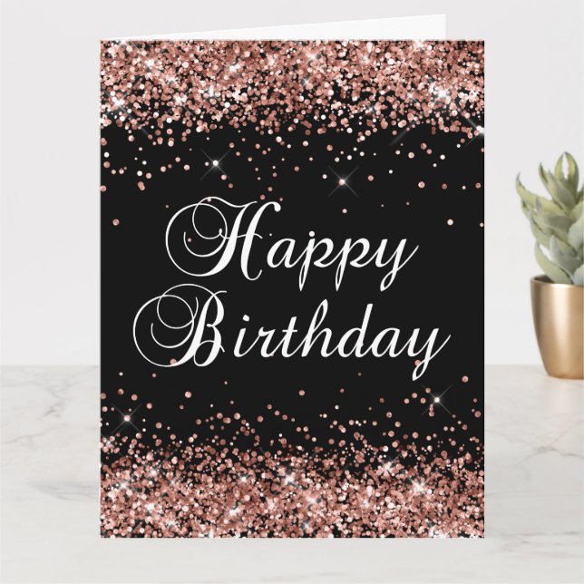 Rose Gold Glitter Black Happy Birthday Big Card (Small Plant)