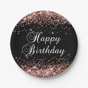 Rose Gold Glitter Black Happy Birthday Paper Plate