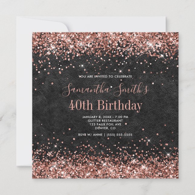 Rose Gold Glitter Black Leather 40th Birthday Invitation (Front)