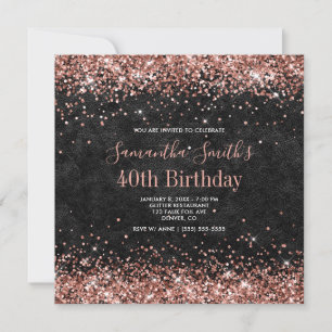 Rose Gold Glitter Black Leather 40th Birthday Invitation