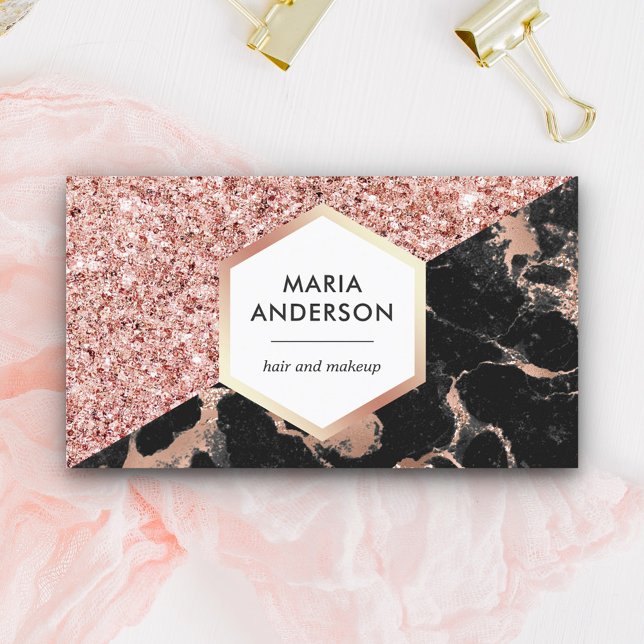 Rose Gold Glitter Black Marble Makeup Artist Business Card (Creator Uploaded)