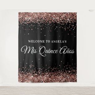 Rose Gold Glitter Black Mis Quince Años Welcome Tapestry