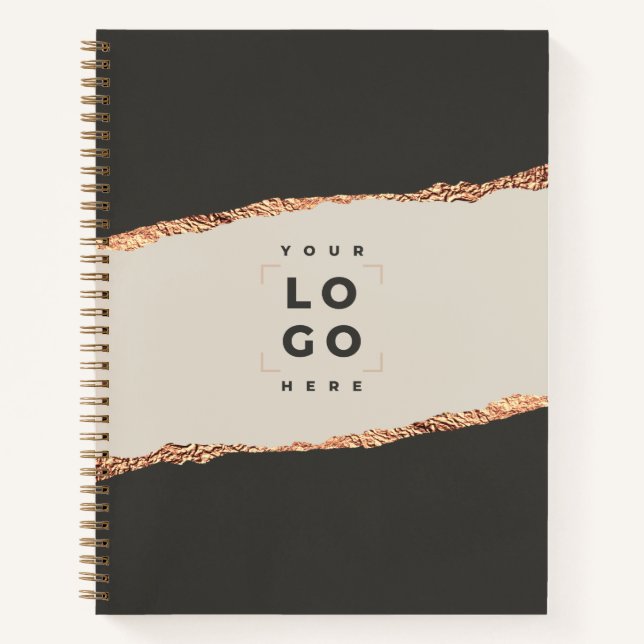 Rose gold glitter black modern elegant budget logo notebook (Front)