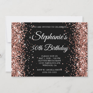 Rose Gold Glitter Black Monogram 50th Birthday Invitation