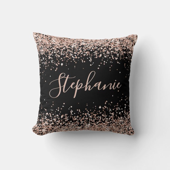 Rose Gold Glitter Black Personalised Name Cushion (Front)