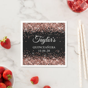 Rose Gold Glitter Black Personalised Quinceañera Napkin