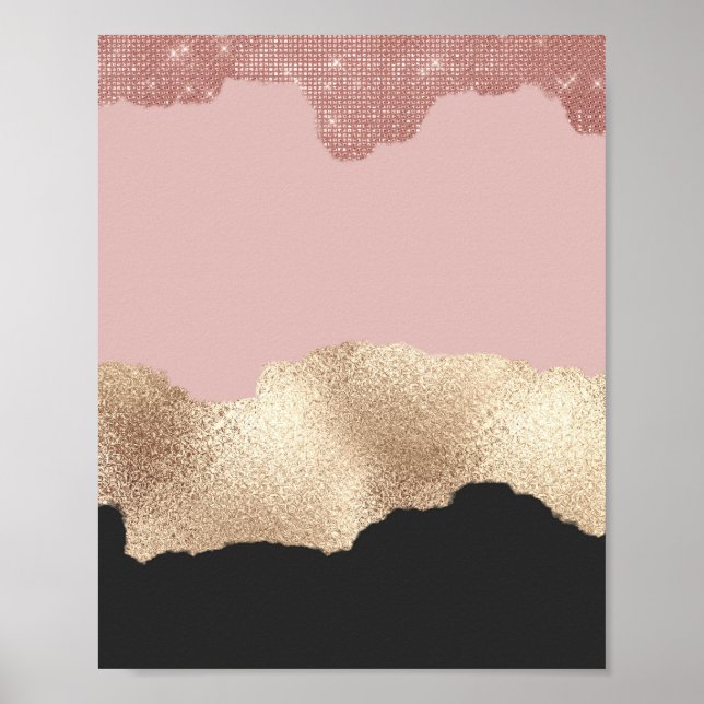 Rose Gold Glitter Black Pink Abstract Girly Art Poster (Front)