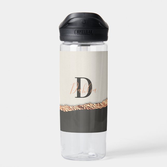 Rose gold glitter black pink modern monogram  water bottle (Back)