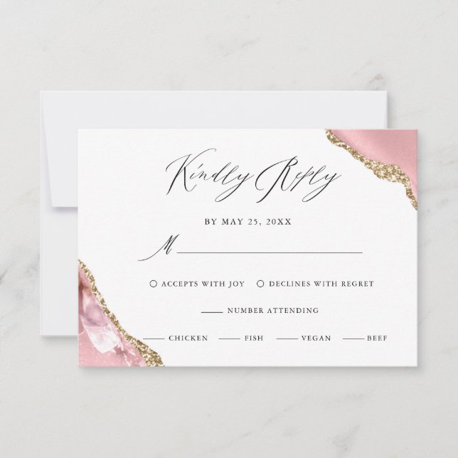 Rose Gold Glitter Black Script Luxury Wedding RSVP Card (Front)